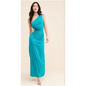 NWT Delfi Collective Solie Pleated Teal One-Shoulder Cutout Sheath Gown Size S